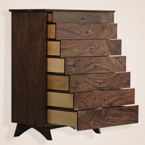 A wooden dresser with many drawers on top of it.