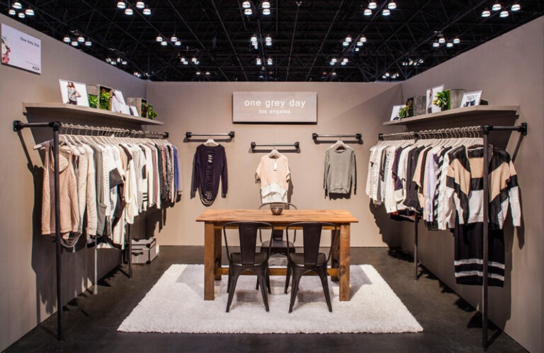 A room with several racks of clothes on the wall.